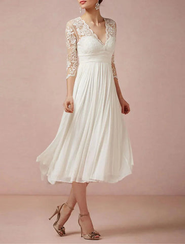 Brautparty Kleine weiße Kleider Brautkleider A-Linie V-Ausschnitt 3/4-Ärmel Teelange Chiffon-Brautkleider mit Applikationen Volltonfarbe