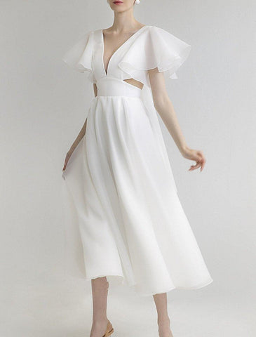 Brautparty Kleine weiße Kleider Brautkleider A-Linie V-Ausschnitt Kurzarm Tee Länge Organza Brautkleider mit Volltonfarbe