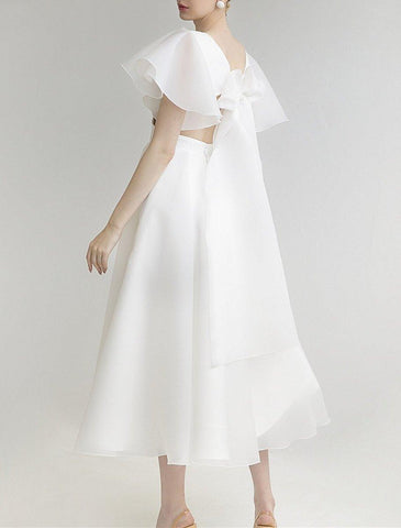 Brautparty Kleine weiße Kleider Brautkleider A-Linie V-Ausschnitt Kurzarm Tee Länge Organza Brautkleider mit Volltonfarbe
