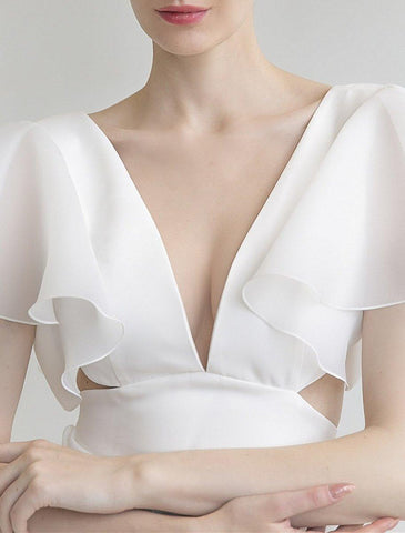 Brautparty Kleine weiße Kleider Brautkleider A-Linie V-Ausschnitt Kurzarm Tee Länge Organza Brautkleider mit Volltonfarbe