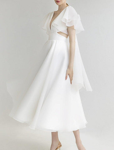 Brautparty Kleine weiße Kleider Brautkleider A-Linie V-Ausschnitt Kurzarm Tee Länge Organza Brautkleider mit Volltonfarbe