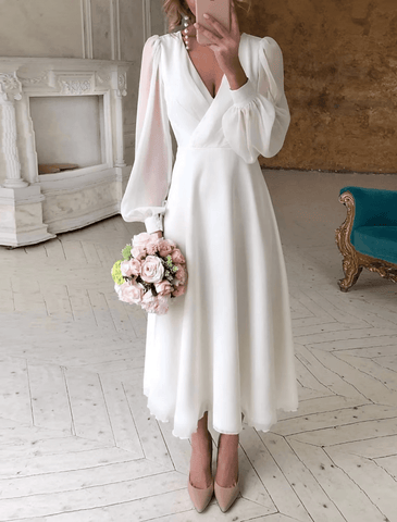 Brautdusche Kleine weiße Kleider Brautkleider Knöchellang A-Linie Langarm V-Ausschnitt Chiffon mit Volltonfarbe