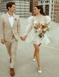 Abito da Sposa Corto / Mini Abito da Sposa Bianco per Addio al Nubilato Scollatura Alta Manica Lunga in Organza con Gonna a Pizzi
