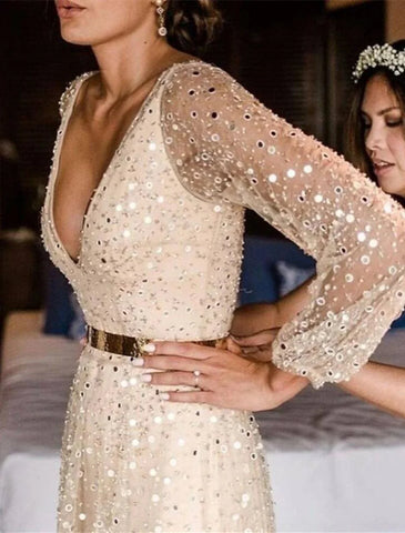 Brautparty Offener Rücken Glitzer &amp; Funkeln Brautkleider A-Linie V-Ausschnitt Langarm Bodenlang Pailletten Brautkleider Mit Schärpe/Band
