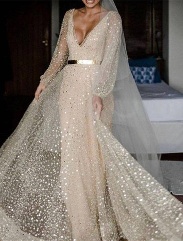 Brautparty Offener Rücken Glitzer &amp; Funkeln Brautkleider A-Linie V-Ausschnitt Langarm Bodenlang Pailletten Brautkleider Mit Schärpe/Band