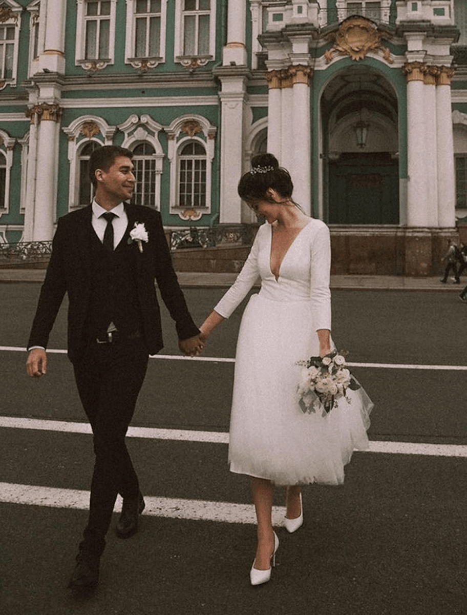 Bridal Shower Vintage 1940s / 1950s Little White Dresses Wedding Dresses Tea Length A-Line Long Sleeve V Neck Satin With Solid Color