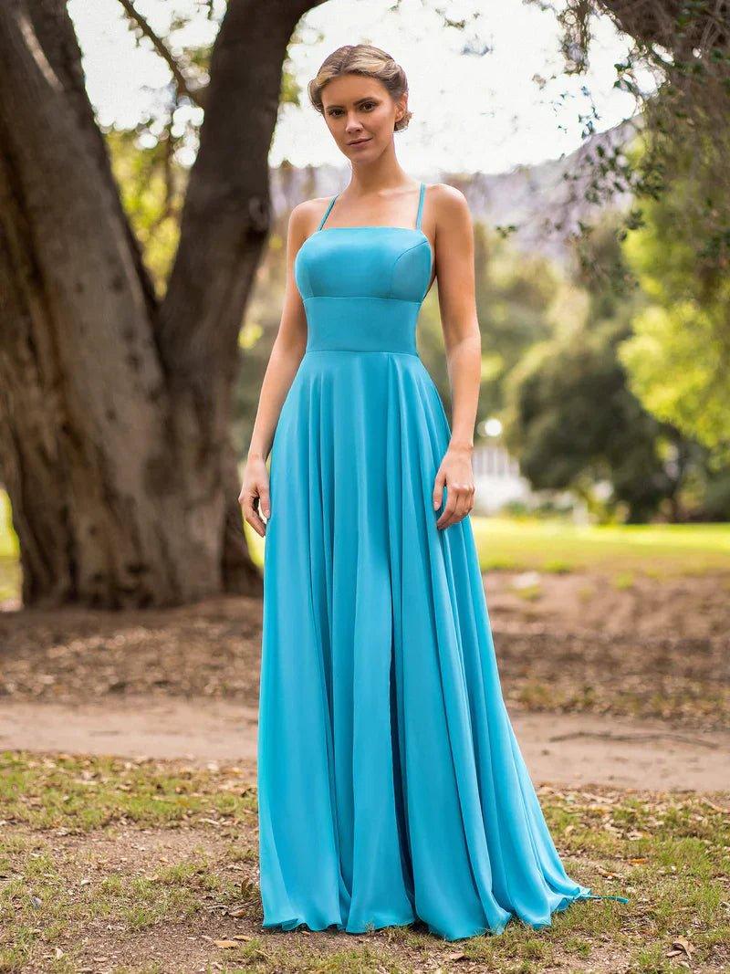 Bridesmaid Dress Straight Across Chiffon Floor Length Cutout Back Prom