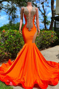 Robe de soirée longue sirène sans manches à encolure en V orange avec applications