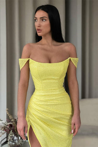Yellow Long Off The Shoulder Sequin Mermaid Prom Dress with Split