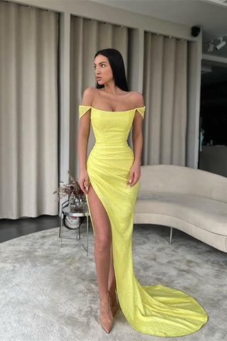 Yellow Long Off The Shoulder Sequin Mermaid Prom Dress with Split