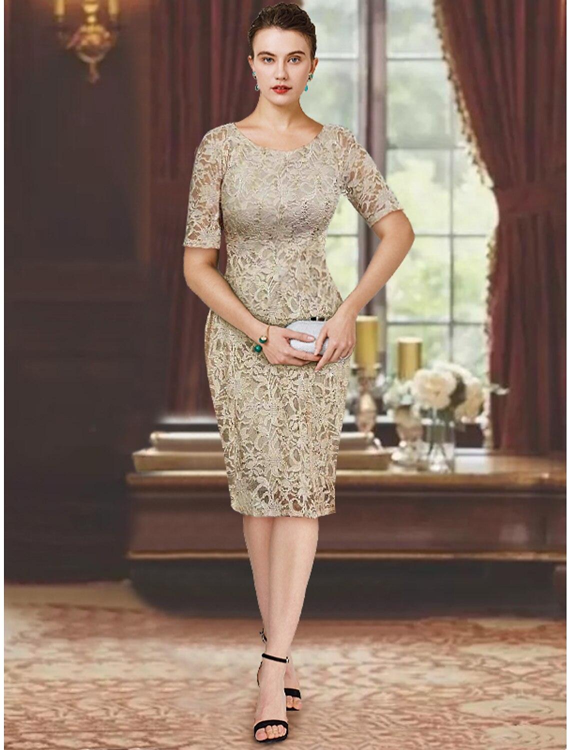 Vestido de mãe da noiva de duas peças, bainha/coluna, formal, para convidada de casamento, elegante, decote redondo, comprimento até ao joelho, chiffon, renda, manga curta, vestidos com casaco e cor sólida