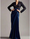 Etuikleid/Säulenkleid für die Brautmutter, Hochzeitsgast, elegant, V-Ausschnitt, bodenlang, Samt, lange Ärmel mit Spitzenrüschen