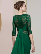 Vestido de mãe da noiva com bainha/coluna, para convidada de casamento formal, elegante, decote redondo, comprimento até ao chão, chiffon, renda, meia manga com aplicações