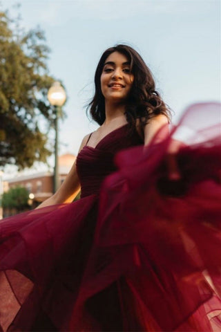 Burgundy A-line High Low V-neck Tulle Prom Dresses