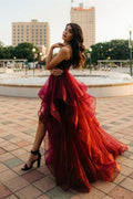 Vestidos de Fiesta de Tul con Escote en V y Falda en A Asimétrica en Color Borgoña