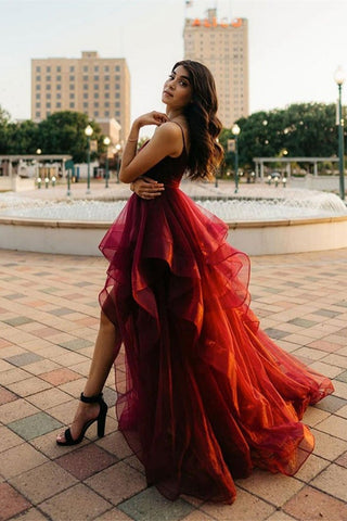 Burgundy A-line High Low V-neck Tulle Prom Dresses