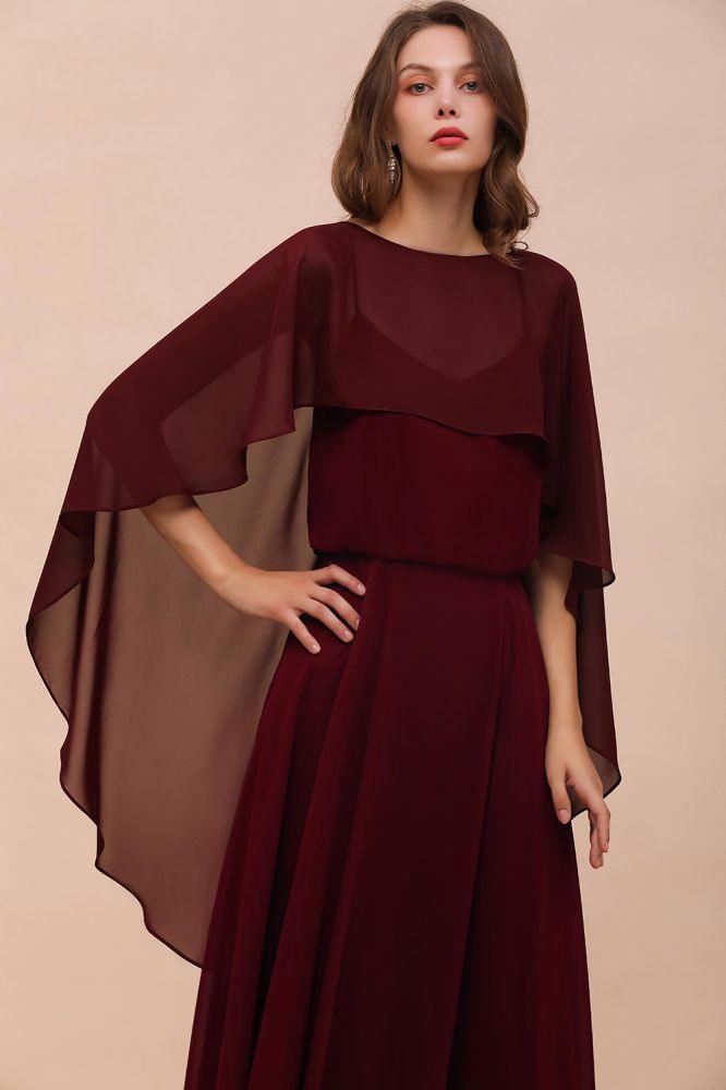 Burgundy Bridesmaid Dresses Spaghetti Straps Chiffon Floor Length Wedding Guest Dress with Back Cape Wraps