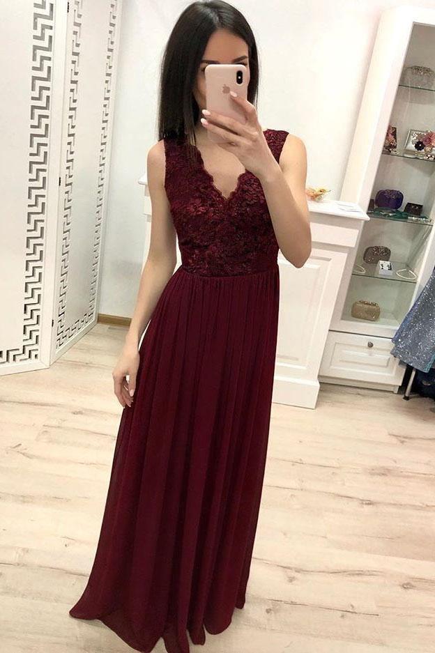 Vestidos de baile compridos com aplicações de renda em chiffon bordeaux PM203