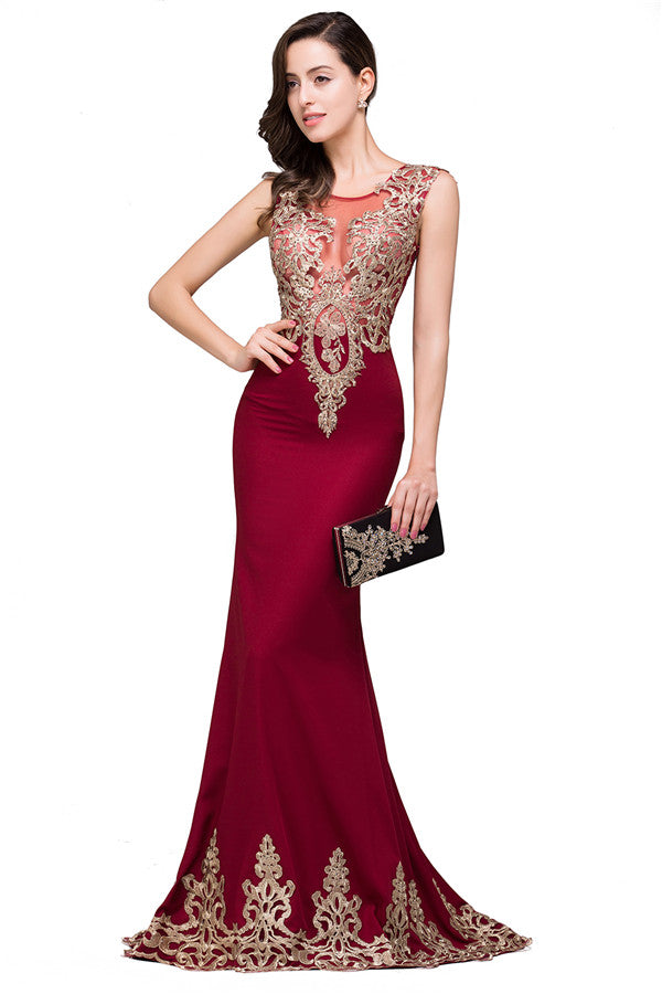 Burgundy Crew Sweep-length Mermaid Formal Dresses