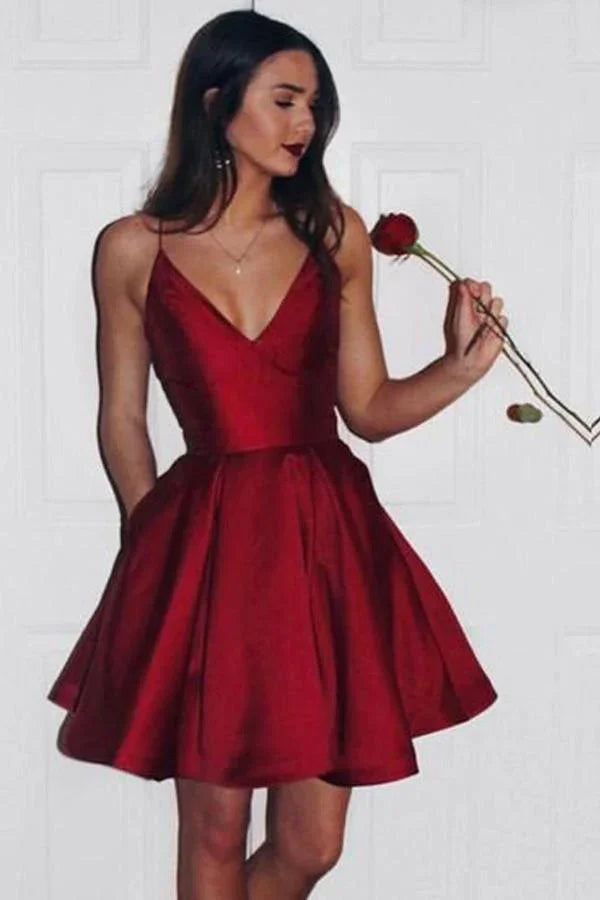 Vestido de Fiesta para el Baile de Bienvenida con Tiras de Espagueti Sencillas y Lindas en Color Borgoña PG125