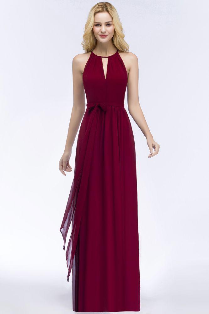 Burgundy Halter A-line Floor Length Bridesmaid Dresses with Bow Sash