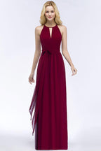 Burgundy Halter A-line Floor Length Bridesmaid Dresses with Bow Sash