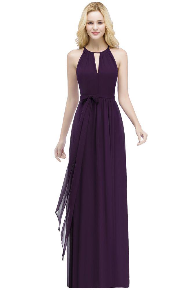 Burgundy Halter A-line Floor Length Bridesmaid Dresses with Bow Sash