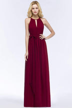Burgundy Halter A-line Floor Length Bridesmaid Dresses with Bow Sash
