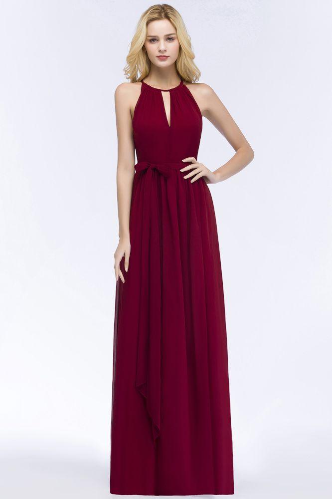 Burgundy Halter A-line Floor Length Bridesmaid Dresses with Bow Sash