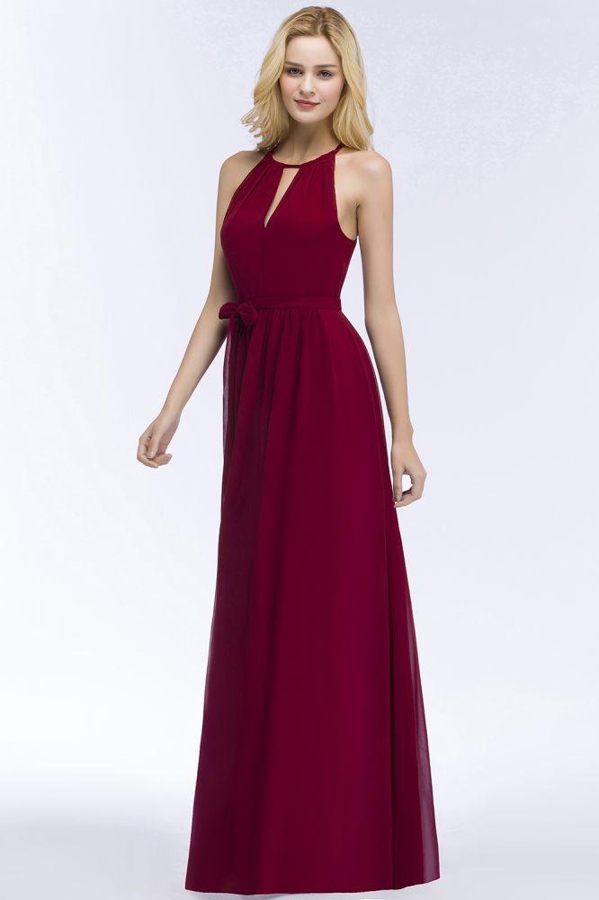 Burgundy Halter A-line Floor Length Bridesmaid Dresses with Bow Sash