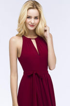 Burgundy Halter A-line Floor Length Bridesmaid Dresses with Bow Sash