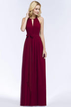 Burgundy Halter A-line Floor Length Bridesmaid Dresses with Bow Sash