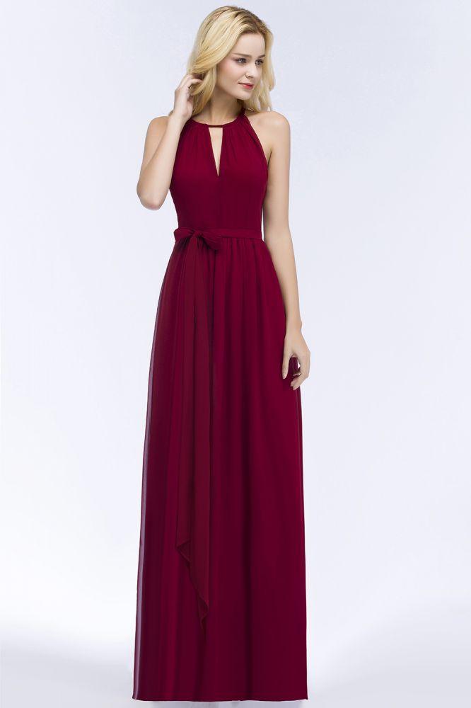 Burgundy Halter A-line Floor Length Bridesmaid Dresses with Bow Sash