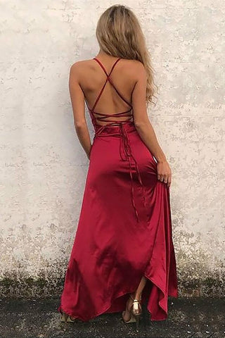 Burgundy Halter Long Mermaid Satin Prom Dress with Slit