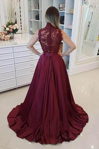 High Neck Lace Bodice Princess Burgundy Long Prom Dress PG921