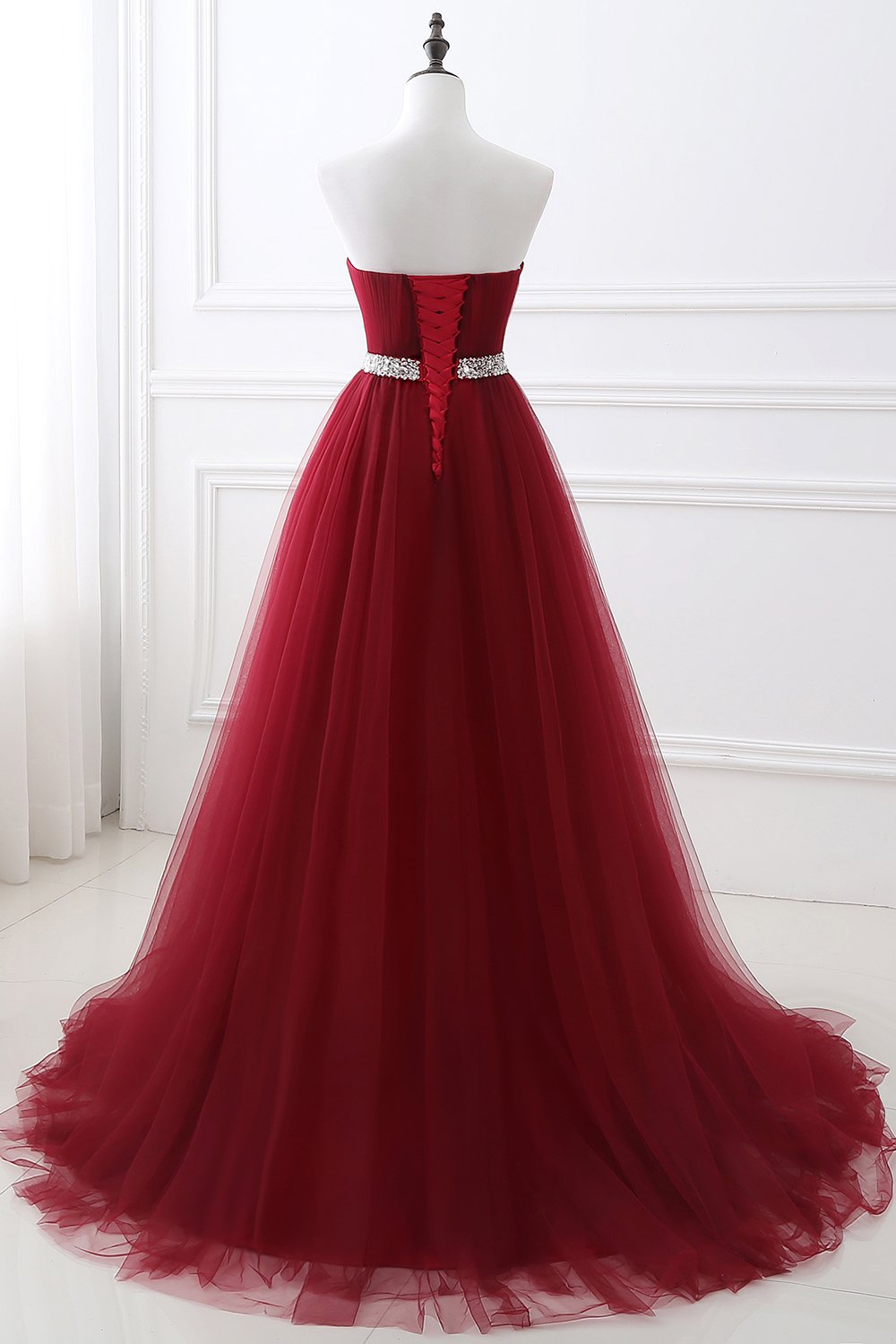 Burgundy Long A-line Sweetheart Tulle Lace-up Prom Dresses