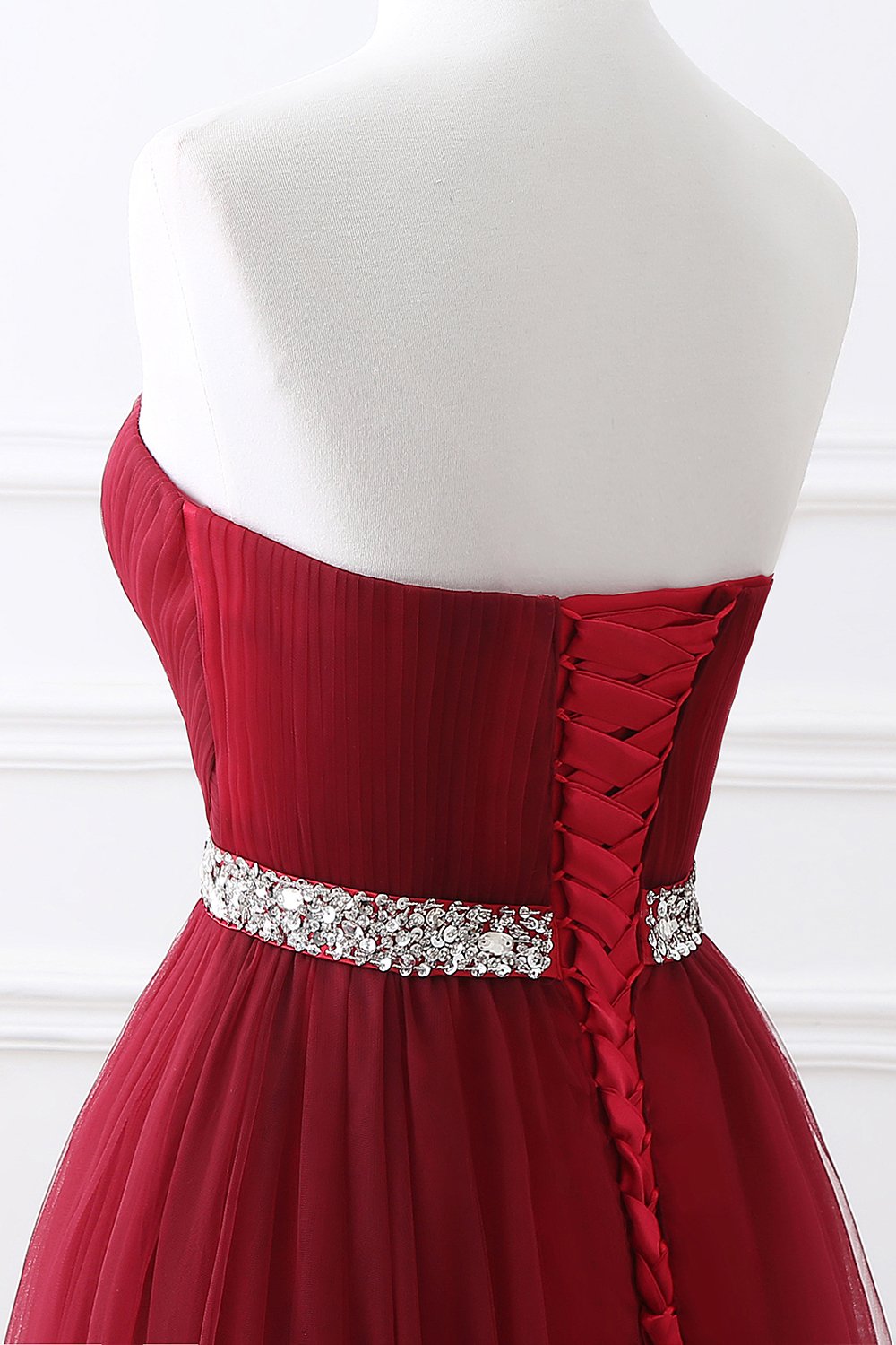 Burgundy Long A-line Sweetheart Tulle Lace-up Prom Dresses
