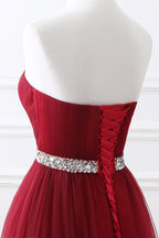 Burgundy Long A-line Sweetheart Tulle Lace-up Prom Dresses