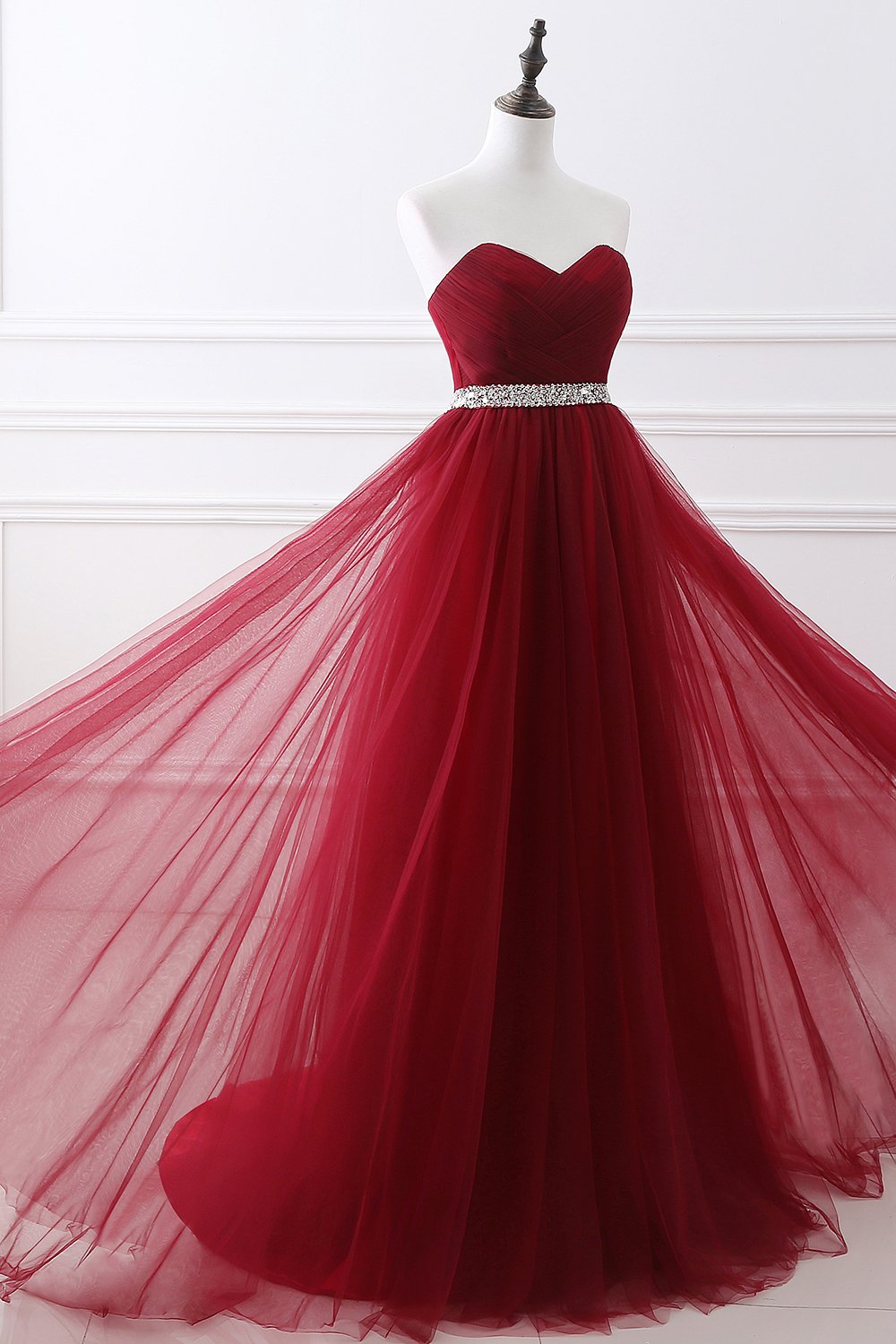Burgundy Long A-line Sweetheart Tulle Lace-up Prom Dresses