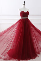 Burgundy Long A-line Sweetheart Tulle Lace-up Prom Dresses