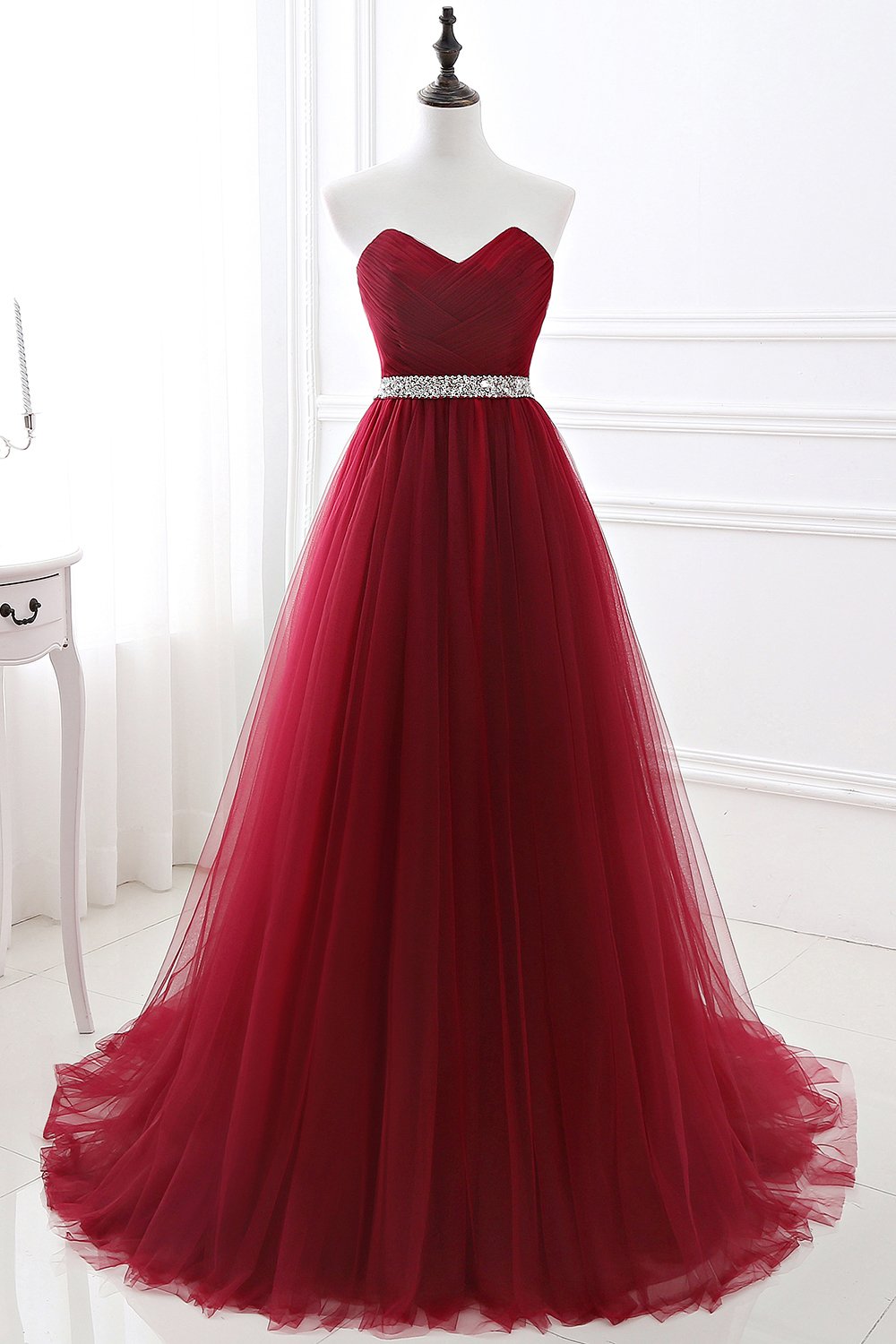 Burgundy Long A-line Sweetheart Tulle Lace-up Prom Dresses