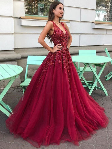 Burgunderrotes langes A-Linien-Kleid mit V-Ausschnitt, Tüllspitze und Blumenmuster, formelle Abend- und Abschlussballkleider