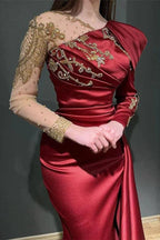 Burgundy Long Mermaid Asymmetrical Ruffles Satin Tulle Prom Dress with Sleeves by BIZTUNNEL