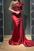 Abito da sera lungo color bordeaux sirena asimmetrico con balze in raso e tulle e maniche