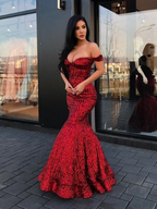 Burgundy Long Mermaid Off the Shoulder Sequins Formal Prom Dress