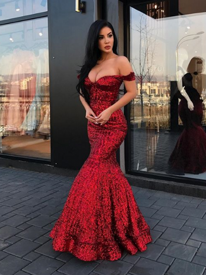 Burgundy Long Mermaid Off the Shoulder Sequins Formal Prom Dress