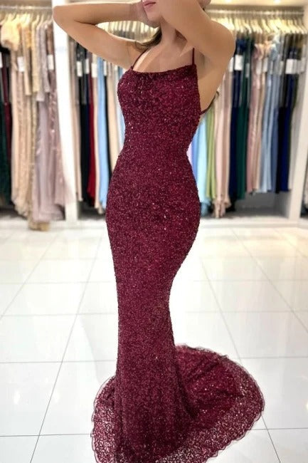 Vestidos de baile compridos cor de vinho, sereia, com lantejoulas e costas nuas
