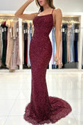 Abito da ballo formale lungo sirena scollato sulla schiena con paillettes color bordeaux