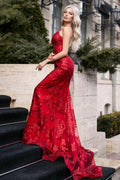 Abito da sera lungo color bordeaux a sirena senza schienale con spalline sottili e pizzo