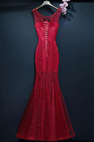 Mermaid Burgundy Long Prom Dress With Lace Sleeveless  PG690